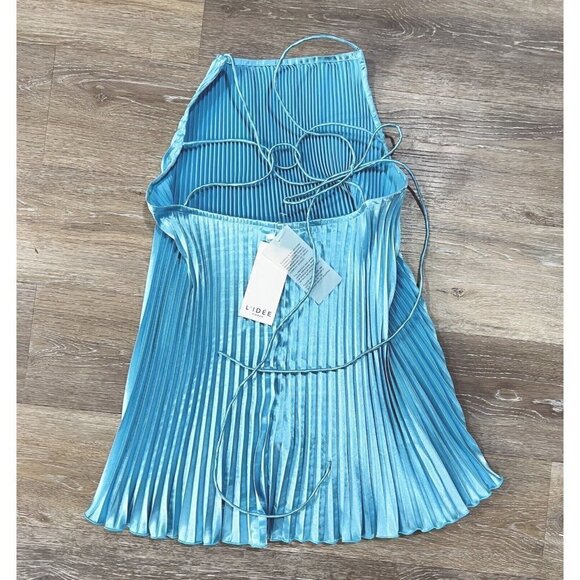 L'IDEE US Sz 6 Summer Blue Ete Mini Dress Umbrella Pleat Criss Cross NWT NEW - Picture 3 of 10